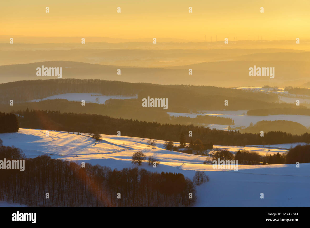 Paysage de montagne au coucher du soleil en hiver, Danzwiesen Milseburg Rhoen, montagne, Hesse, Allemagne Banque D'Images