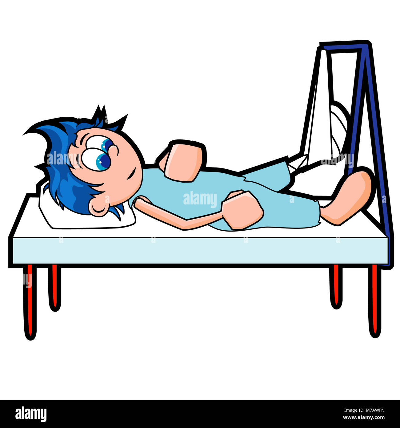 Patient allongé sur un lit d'hôpital avec sa jambe en traction Banque D'Images