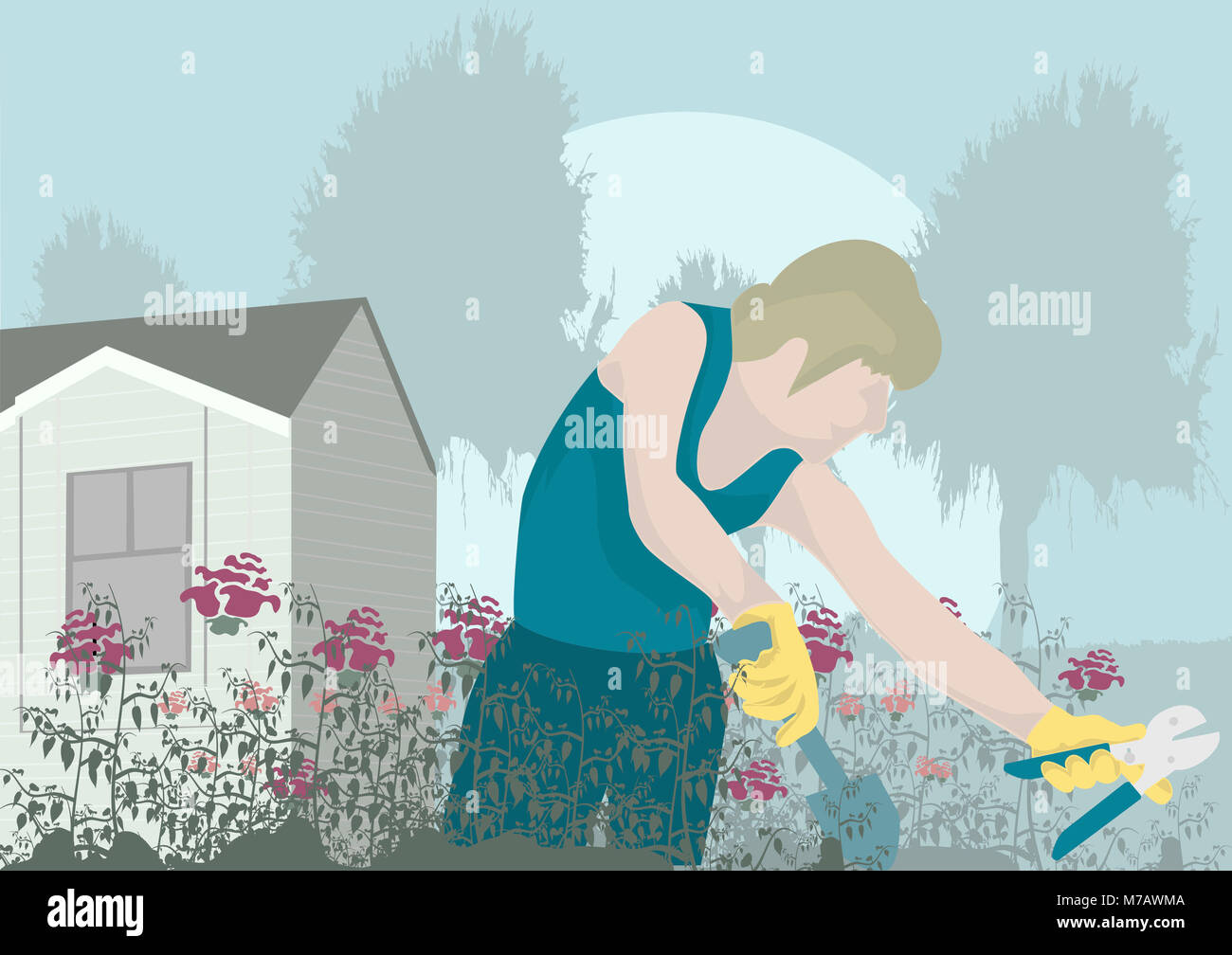 Femme jardinage à la pelouse Banque D'Images