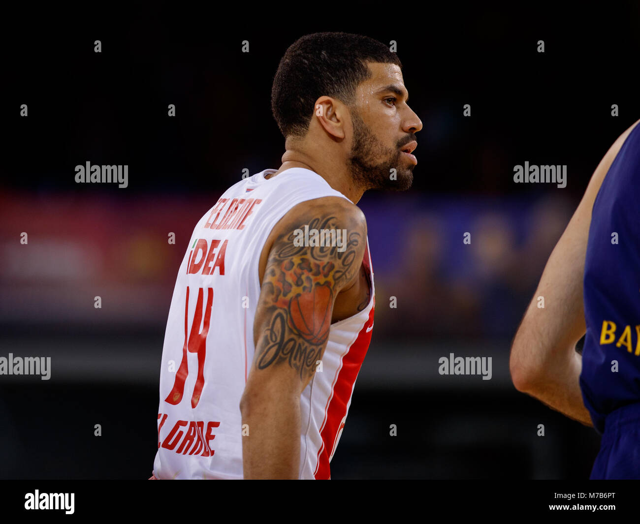 Barcelone, Espagne. Mar 9, 2018. James, Feldeine # 14 de Crvena Zvezda Belgrade mts au cours de la Turkish Airlines EuroLeague 2017-2018 Saison régulière 25 Ronde match entre le FC Barcelone et Lassa Stade Crvena Zvezda Belgrade mts au Palau Blaugrana, le 9 mars 2018 à Barcelone, Espagne. Credit : UKKO Images/Alamy Live News Banque D'Images