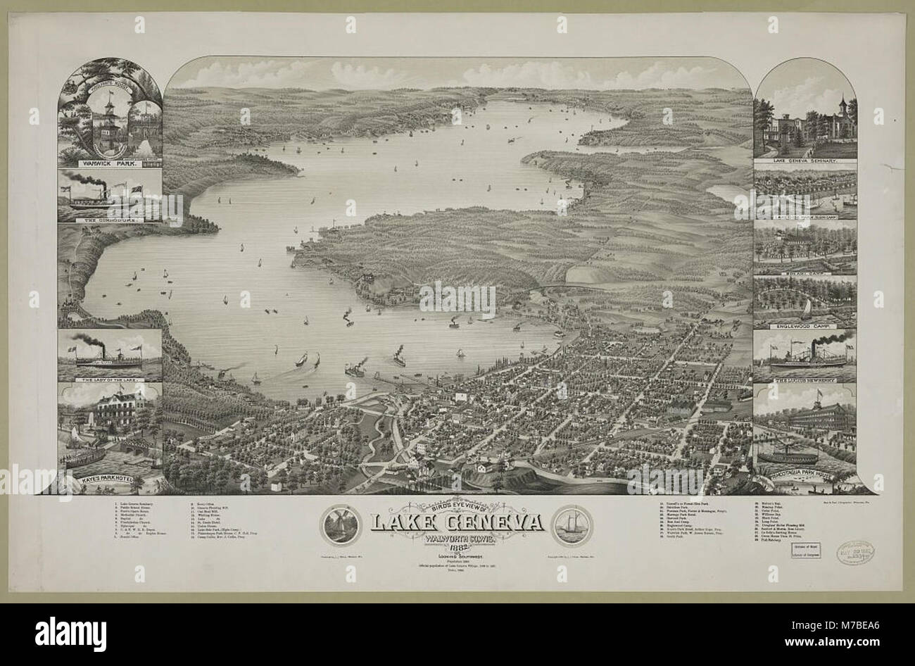 Une vue aérienne historique du lac Léman, comté de Walworth, Wisconsin, prise en 1882, mettant en valeur le lac, région environnante, et les premiers établissements. Banque D'Images