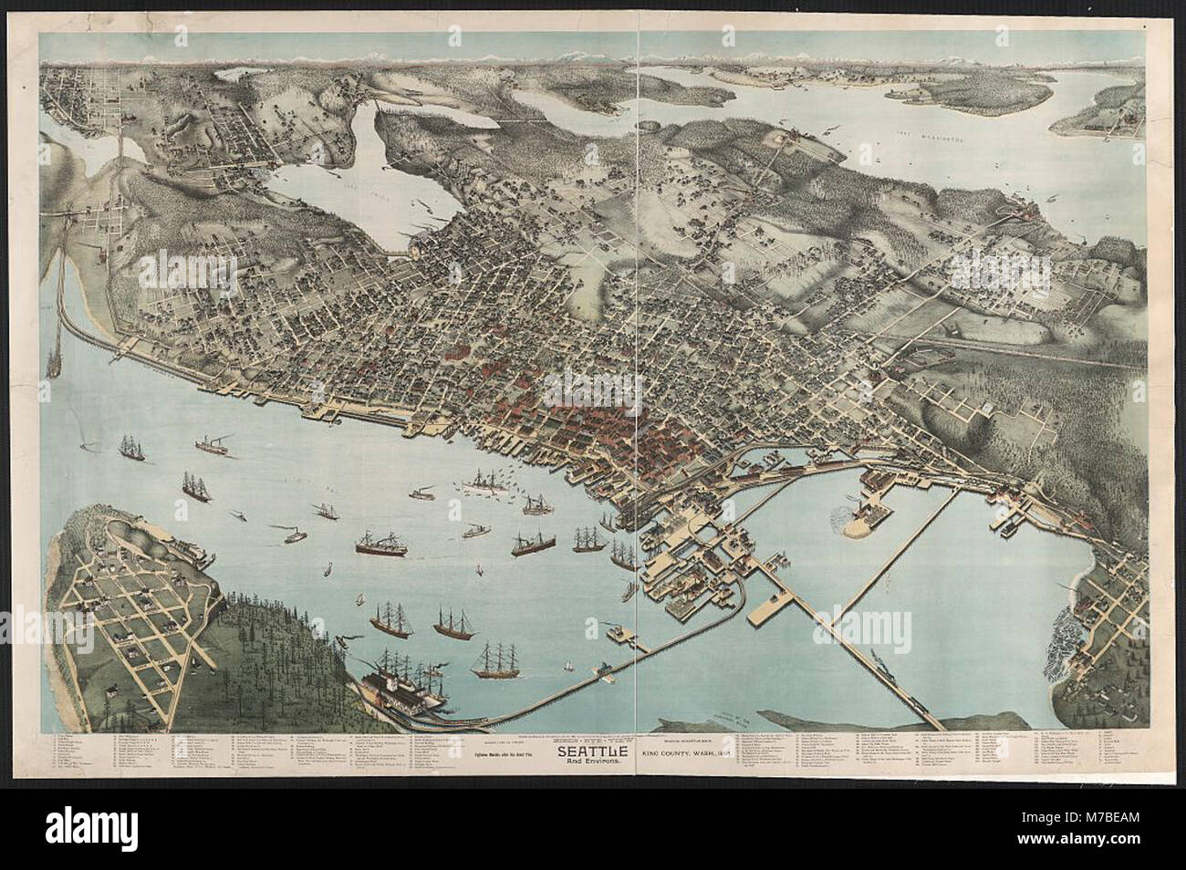 Une carte de Seattle et ses environs de 1891, créée par Augustus Koch. La carte fournit un aperçu détaillé des efforts de rétablissement et de reconstruction de la ville après le Grand incendie de Seattle en 1889. Banque D'Images
