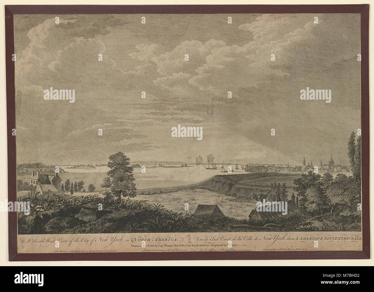Cette illustration historique offre une vue sud-ouest de la ville de New York en Amérique du Nord. Dessinée par le capitaine Thomas Howdell, elle capture l'horizon de la ville et ses caractéristiques remarquables au XVIIIe siècle. Banque D'Images