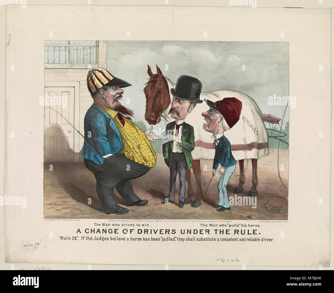 Une représentation de deux types de conducteurs de chevaux dans une course, l'un axé sur la victoire, et l'autre axé sur la « traction » de son cheval, illustrant différentes stratégies de course. Banque D'Images