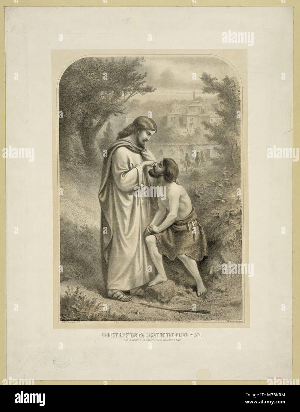 Une représentation de la scène biblique où le Christ rend la vue à un aveugle, symbolisant la guérison et l'intervention divine. L'œuvre capture le moment de compassion et de miracles dans la tradition chrétienne. Banque D'Images