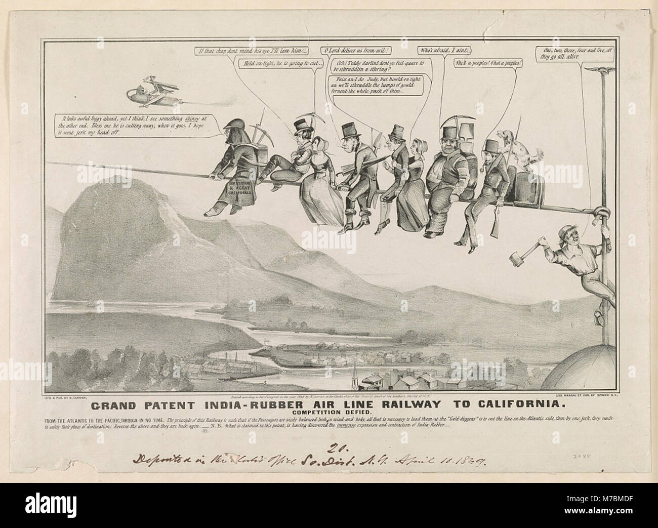 Publicité ou image promotionnelle pour le Grand Patent India-Rubber Air Line Railway vers la Californie. Cette entreprise historique proposait un système ferroviaire révolutionnaire qui visait à remettre en question les méthodes de transport traditionnelles vers la Californie à la fin du XIXe siècle. Banque D'Images