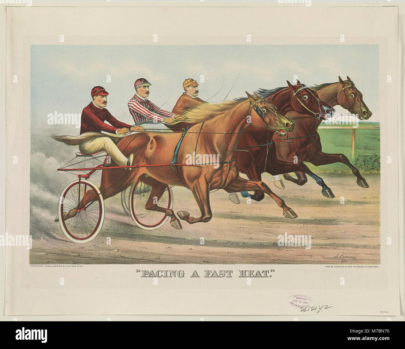 Une représentation d'une course de chevaux au rythme rapide, mettant en valeur un moment dans le sport équestre. L'image capture l'intensité et la compétition de l'événement. Banque D'Images