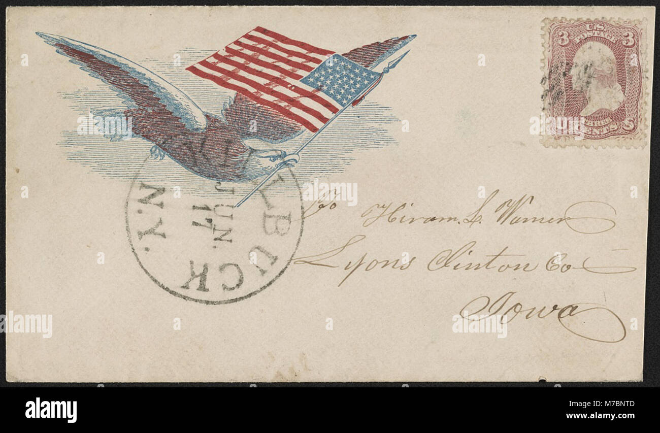 Cette enveloppe datant de la guerre de Sécession représente un aigle en vol, tenant un drapeau américain dans son bec. Il symbolise le patriotisme et la détermination de la nation pendant la guerre. Banque D'Images