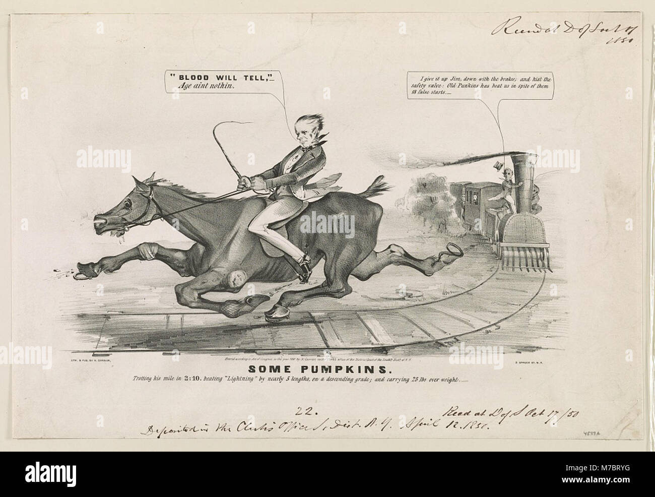 Une photographie historique du cheval Some Pumpkins, connu pour trotter un mile en 2h10 et battre 'Lightning' de près de cinq longueurs, transportant 25 livres de poids supplémentaire. L'image commémore cette réalisation impressionnante dans les courses de chevaux. Banque D'Images