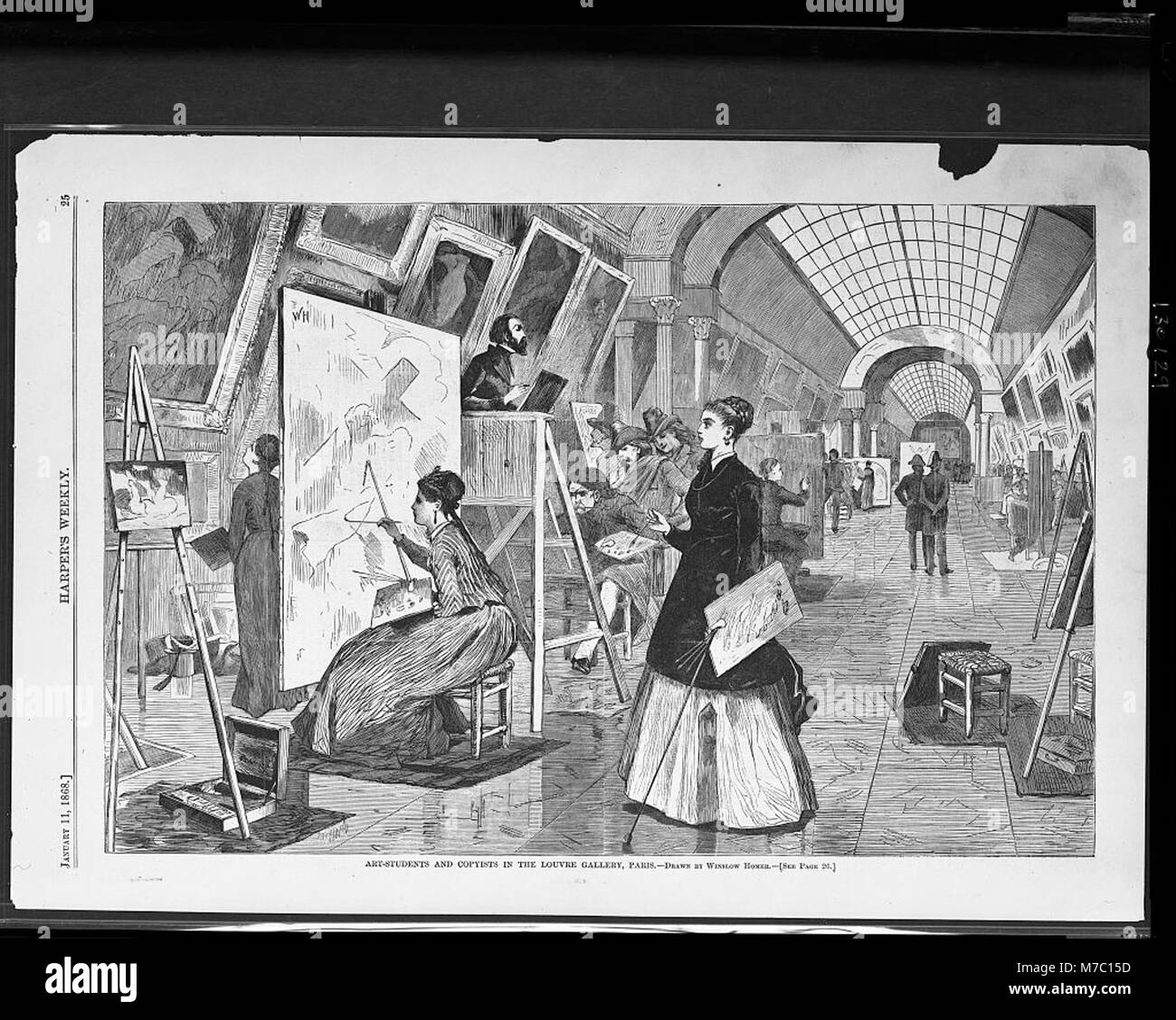 Une image représentant des étudiants en art et des copistes travaillant dans la galerie du Louvre à Paris. Cette illustration de Winslow Homer met en valeur l’atmosphère pédagogique et artistique du musée au XIXe siècle. Banque D'Images