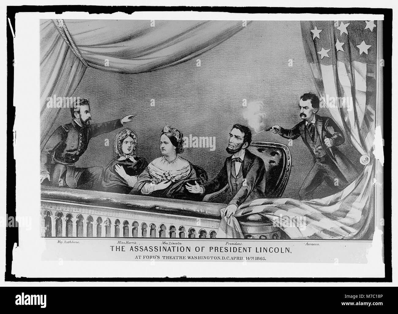 Cette image représente l'assassinat du président Abraham Lincoln, un moment charnière de l'histoire des États-Unis, survenu le 14 avril 1865 au Ford's Theatre de Washington Banque D'Images