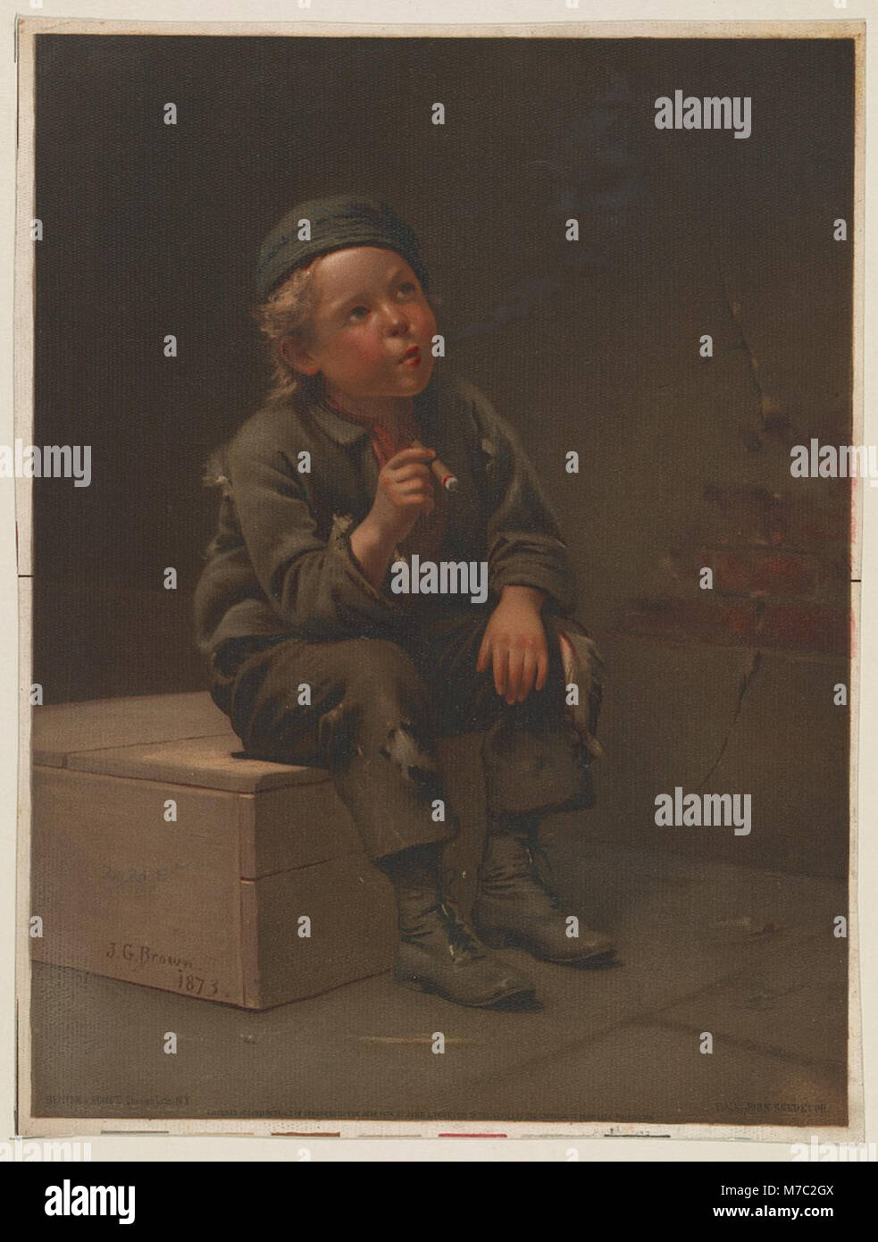 Cette image est une chromolithographie créée par J.G. Brown en 1873, produite par Bencke & Scott à New York. Il illustre une scène dynamique avec des techniques de couleurs vibrantes typiques du processus chromolithographique au XIXe siècle. Banque D'Images