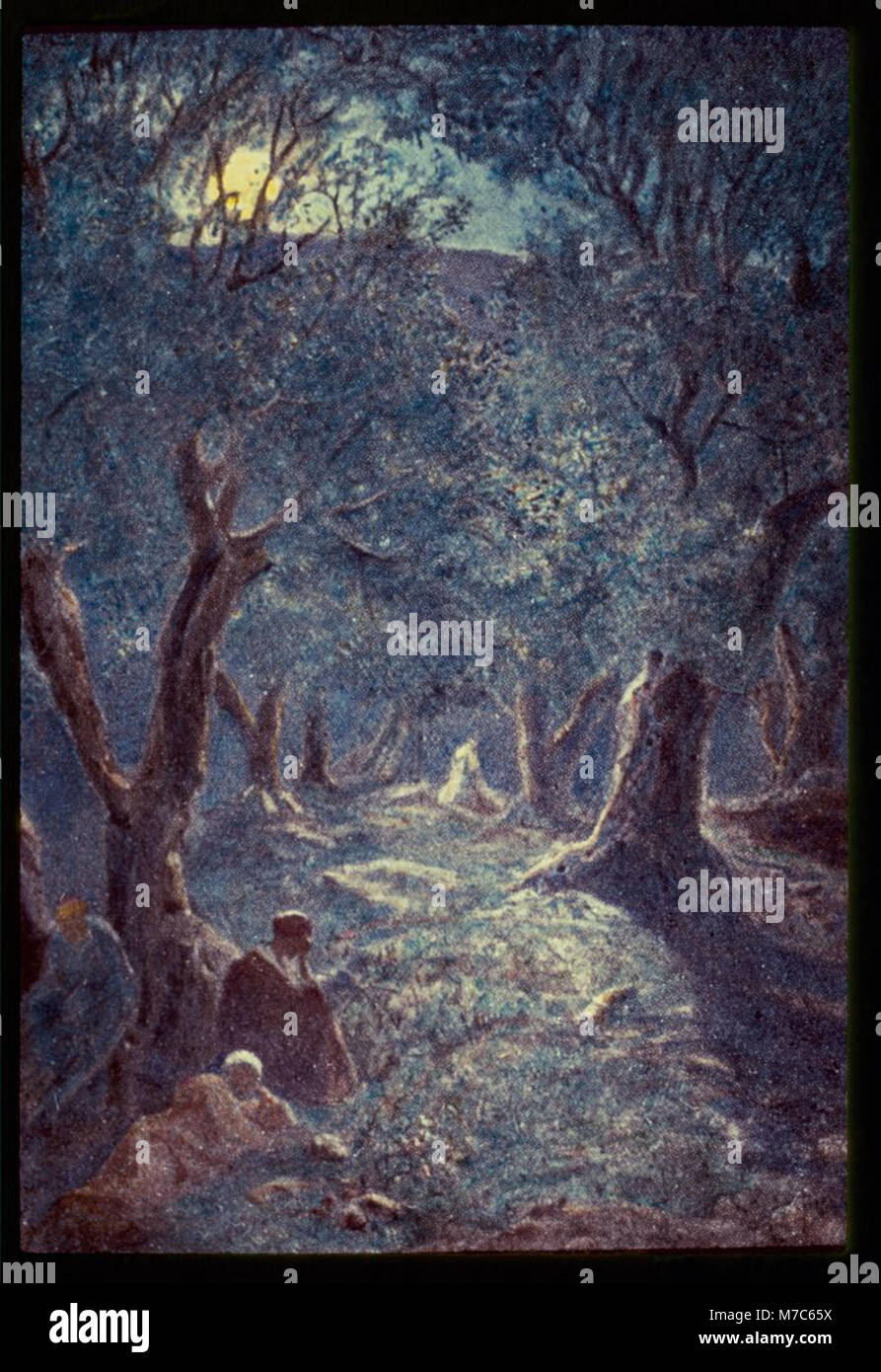 Cette image représente une scène de l'Évangile de Matthieu, où Jésus se rend au jardin de Gethsémani pour prier à l'agonie avant son arrestation. L'événement est significatif dans la théologie chrétienne comme un moment de profonde lutte émotionnelle et spirituelle. Banque D'Images