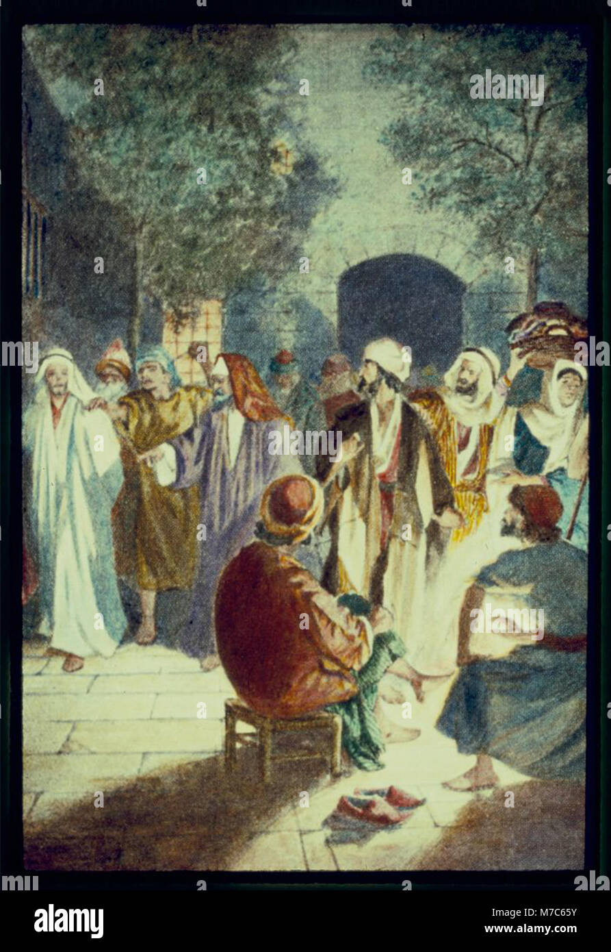 Une illustration représentant le moment des récits évangéliques de Matthieu et Luc, où Pierre, après avoir nié Jésus trois fois, se repent alors que Jésus se tourne pour le regarder. Ce moment capture le poids émotionnel du récit biblique. Banque D'Images Une illustration représentant le moment des récits évangéliques de Matthieu et Luc, où Pierre, après avoir nié Jésus trois fois, se repent alors que Jésus se tourne pour le regarder. Ce moment capture le poids émotionnel du récit biblique. Banque D'Images