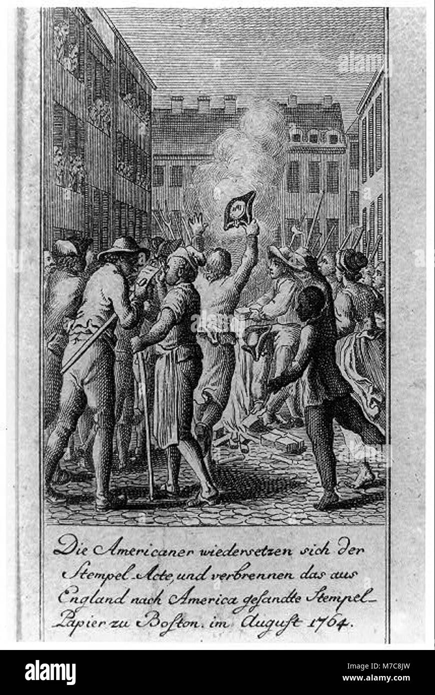 Die Americaner wiedersetzen Stempel-Acte der sich und das verbrennen, aus England nach Nord gesandte Stempel-Papier zu Boston, im August 1764 RCAC2004670197 Banque D'Images