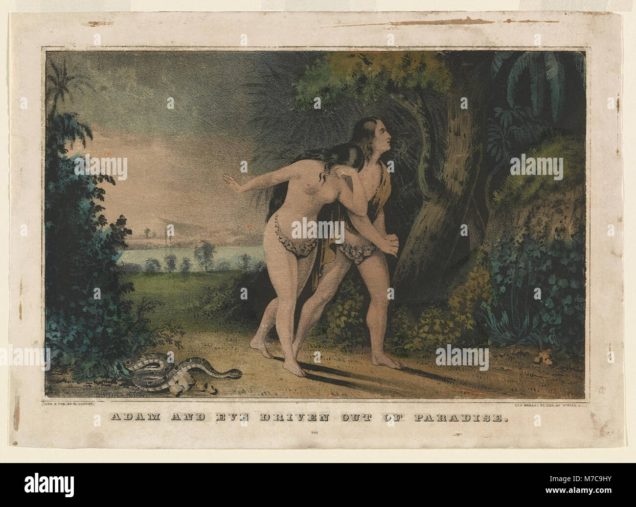 Cette œuvre représente la scène biblique d'Adam et Ève chassés du jardin du Paradis, représentant le moment de leur expulsion d'Éden en raison de leur désobéissance. Banque D'Images