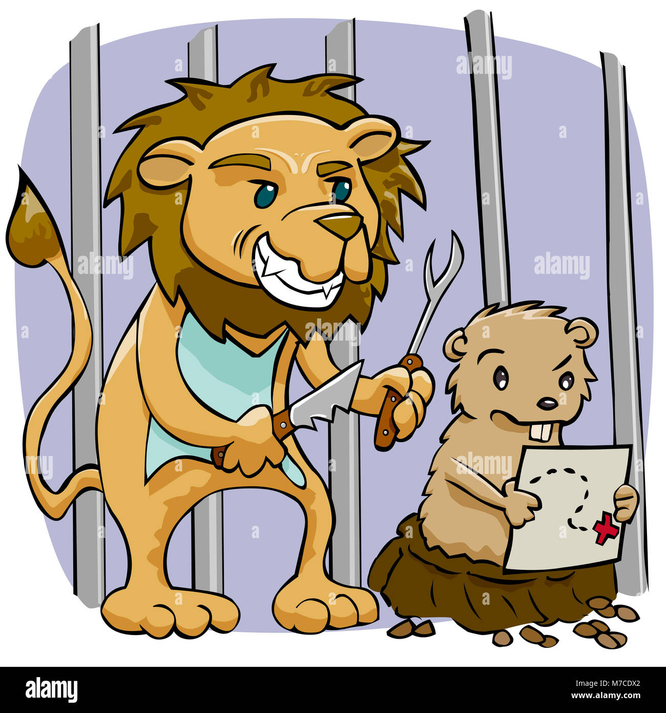 Lion debout derrière une souris avec une fourchette et un couteau Banque D'Images