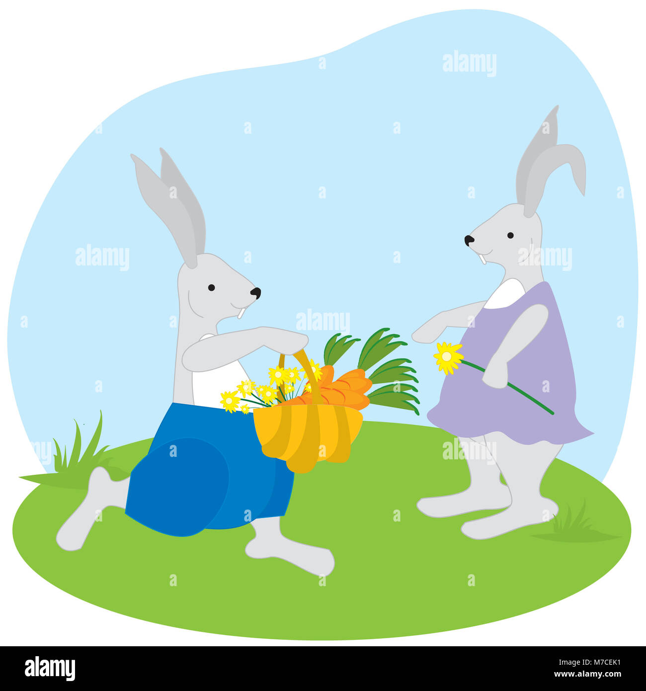 Lapin mâle de donner un panier de carottes et des fleurs à un lapin femelle  Photo Stock - Alamy