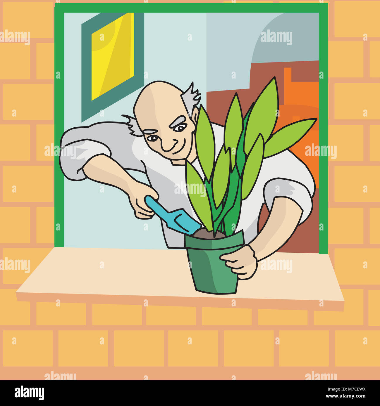 L'homme qui tend à une plante en pot sur un rebord de fenêtre Banque D'Images