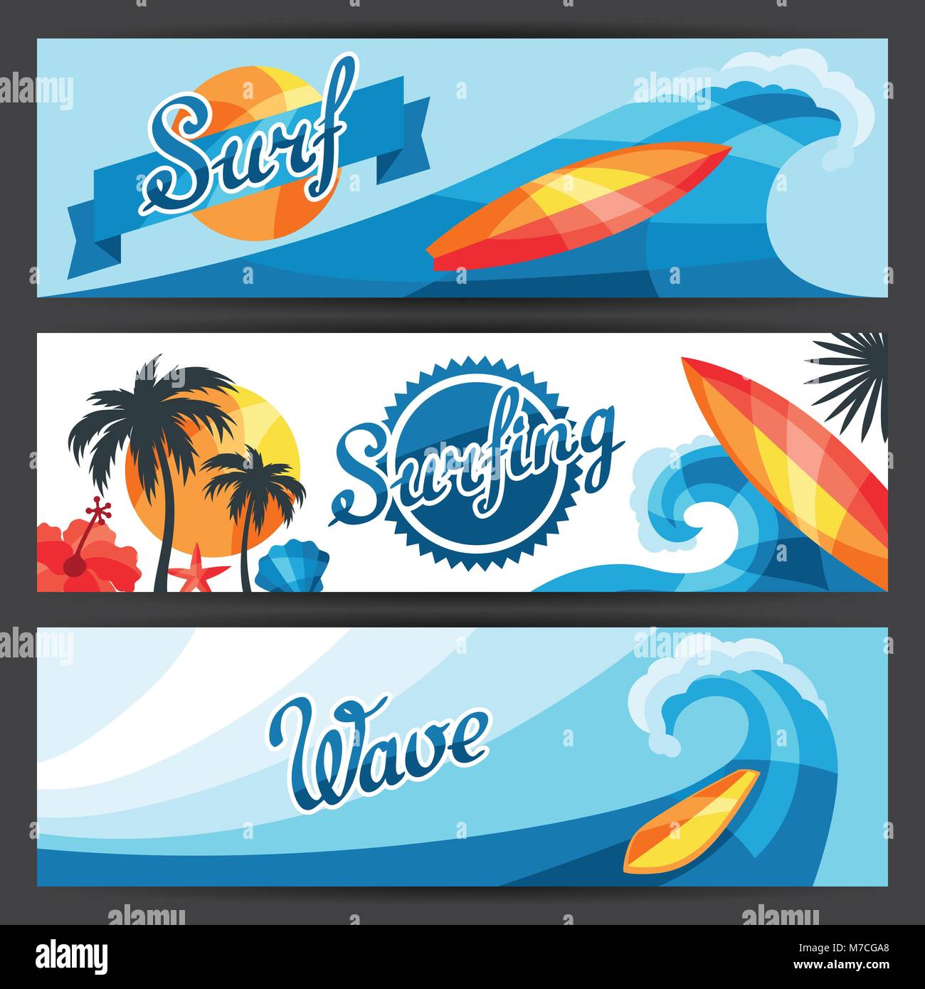 Des bannières avec des éléments de conception et d'objets de surf Illustration de Vecteur