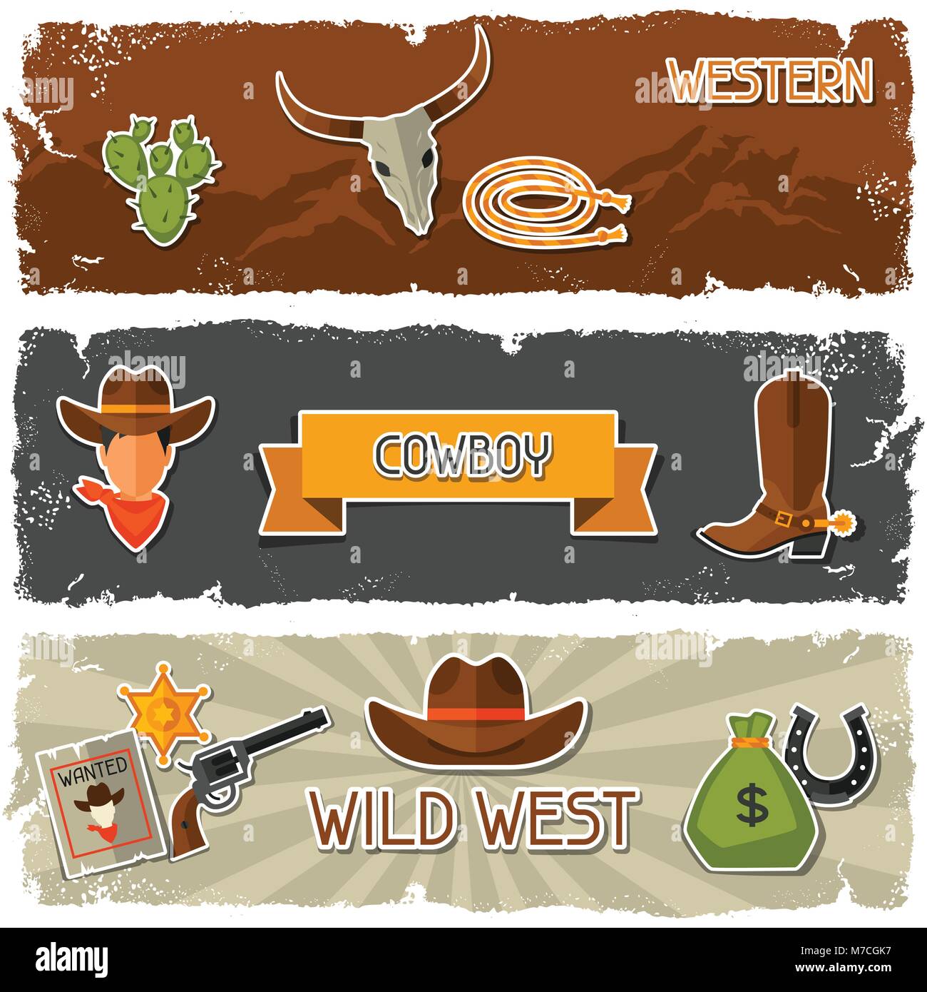 Wild West cow-boy avec des bannières et des autocollants objets Illustration de Vecteur