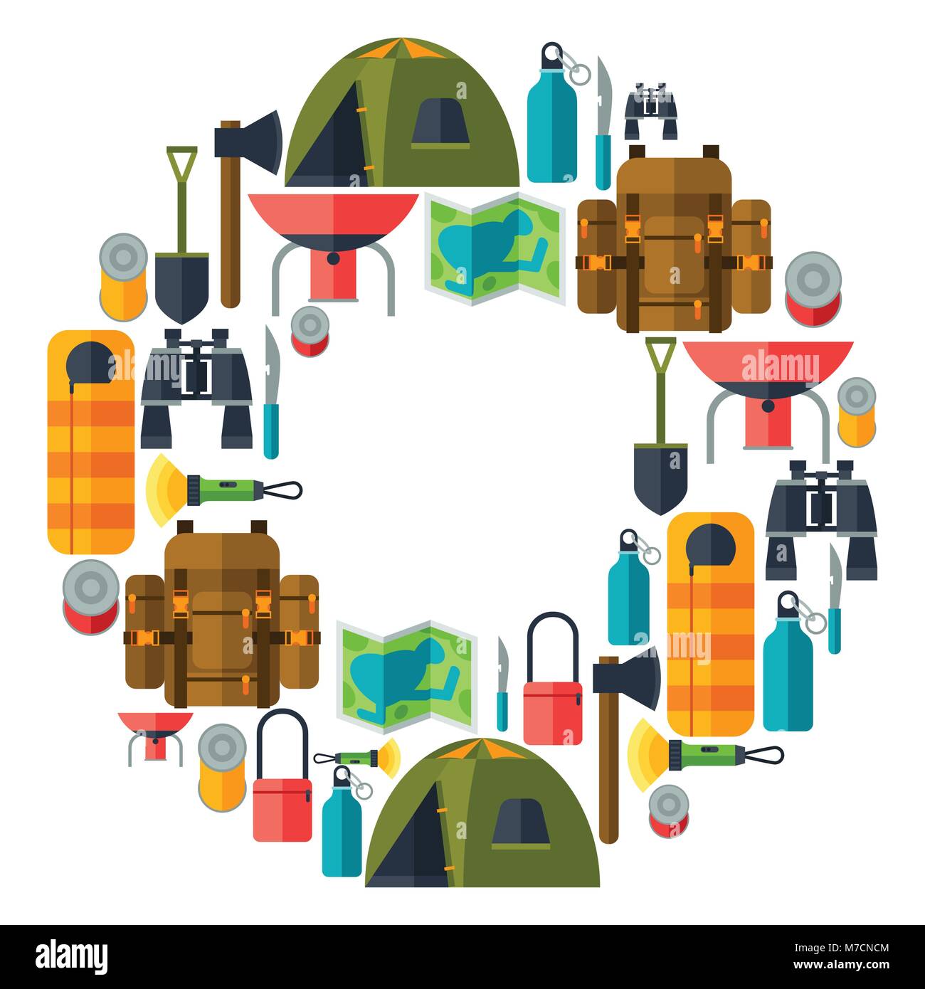 Contexte touristique avec l'équipement de camping dans le style plate Illustration de Vecteur