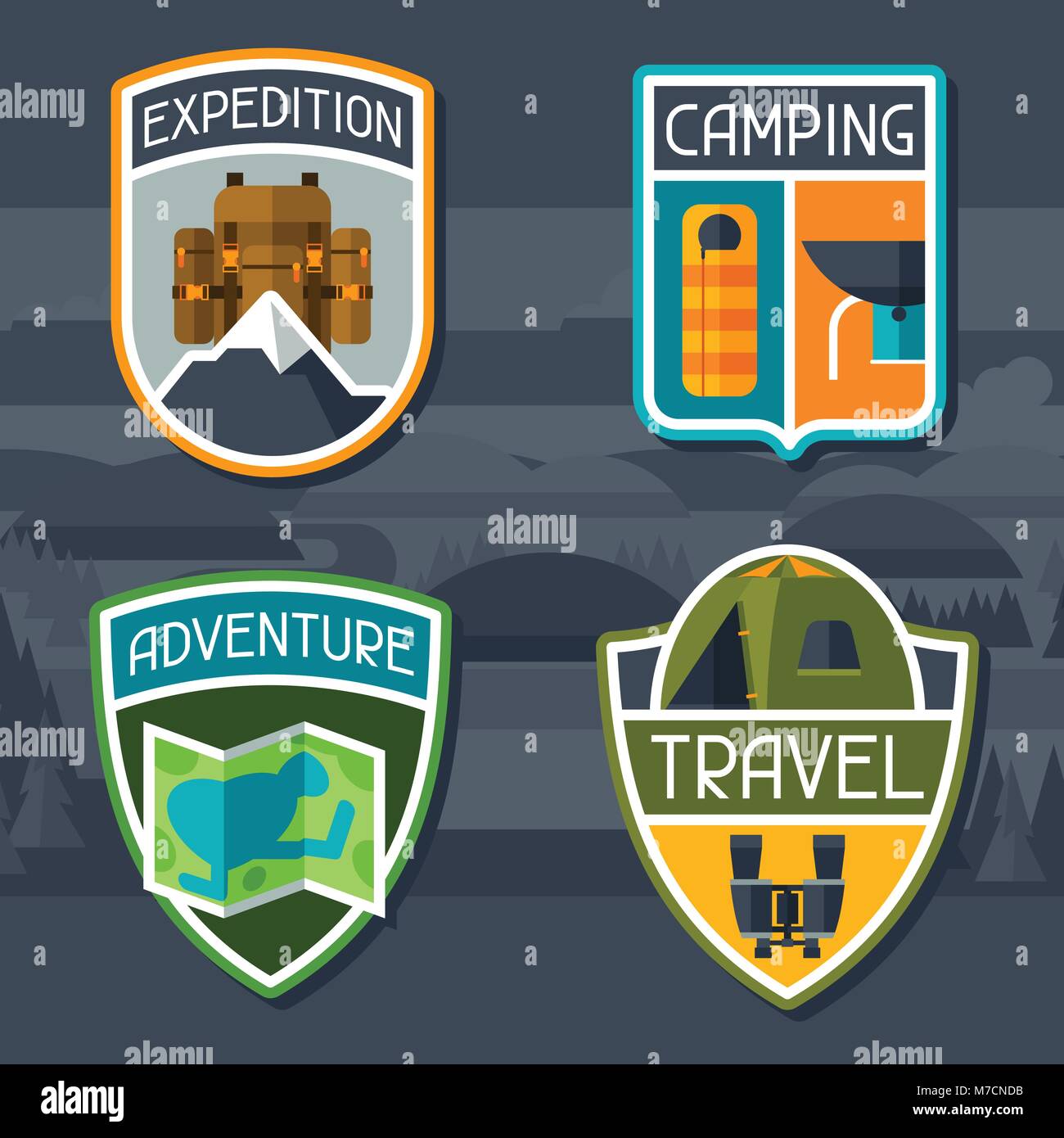 Ensemble de camping touristique de badge et label Illustration de Vecteur