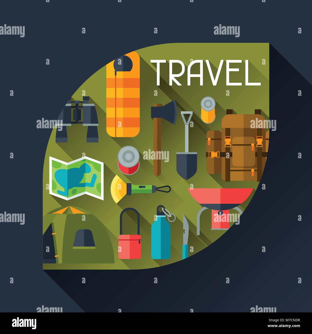 Contexte touristique avec l'équipement de camping dans le style plate Illustration de Vecteur