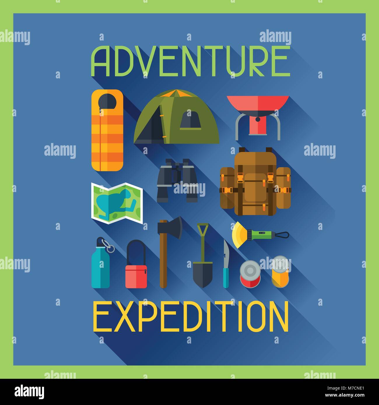 Contexte touristique avec l'équipement de camping dans le style plate Illustration de Vecteur