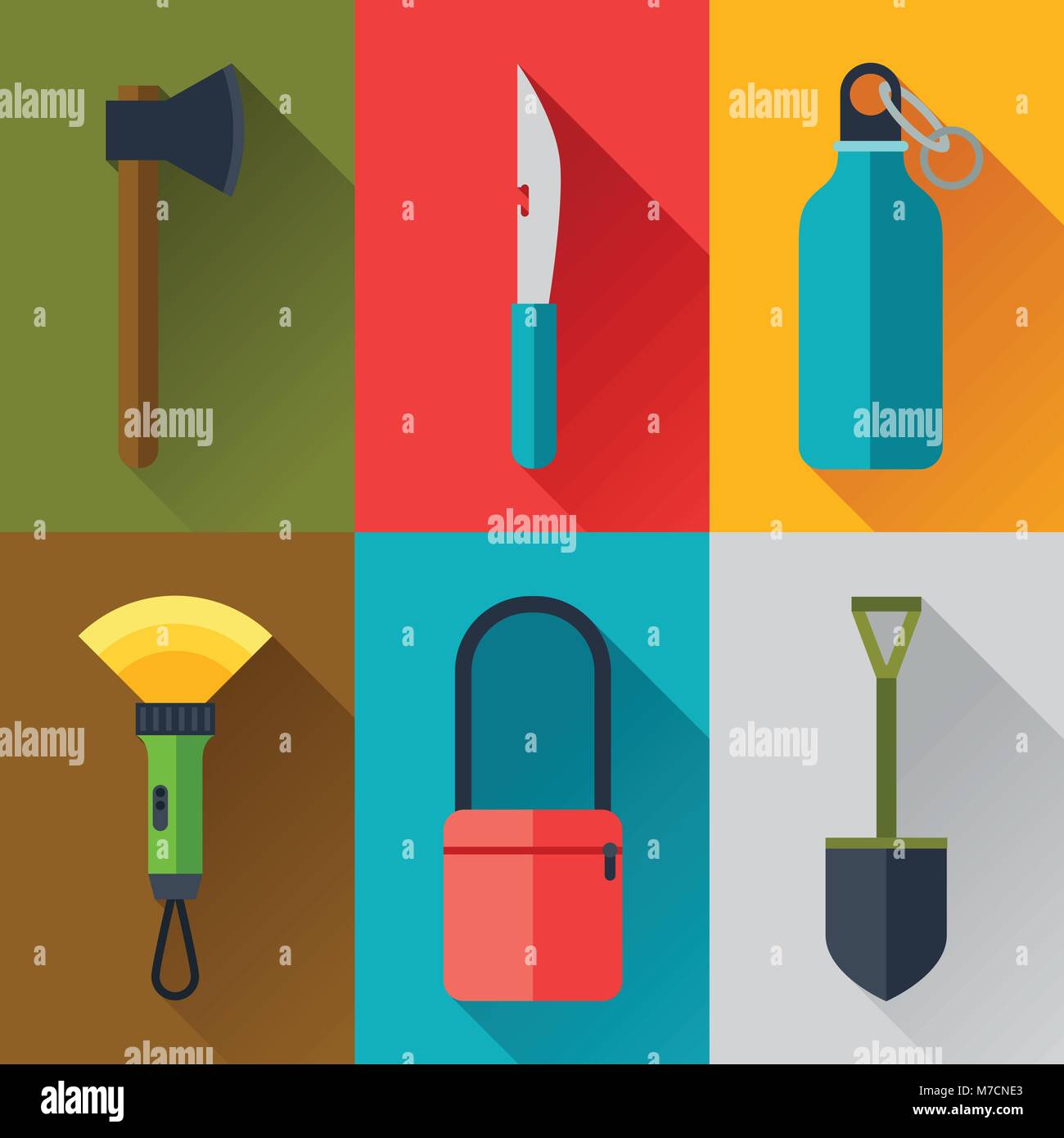 Ensemble d'icônes dans l'équipement de camping style plat Illustration de Vecteur