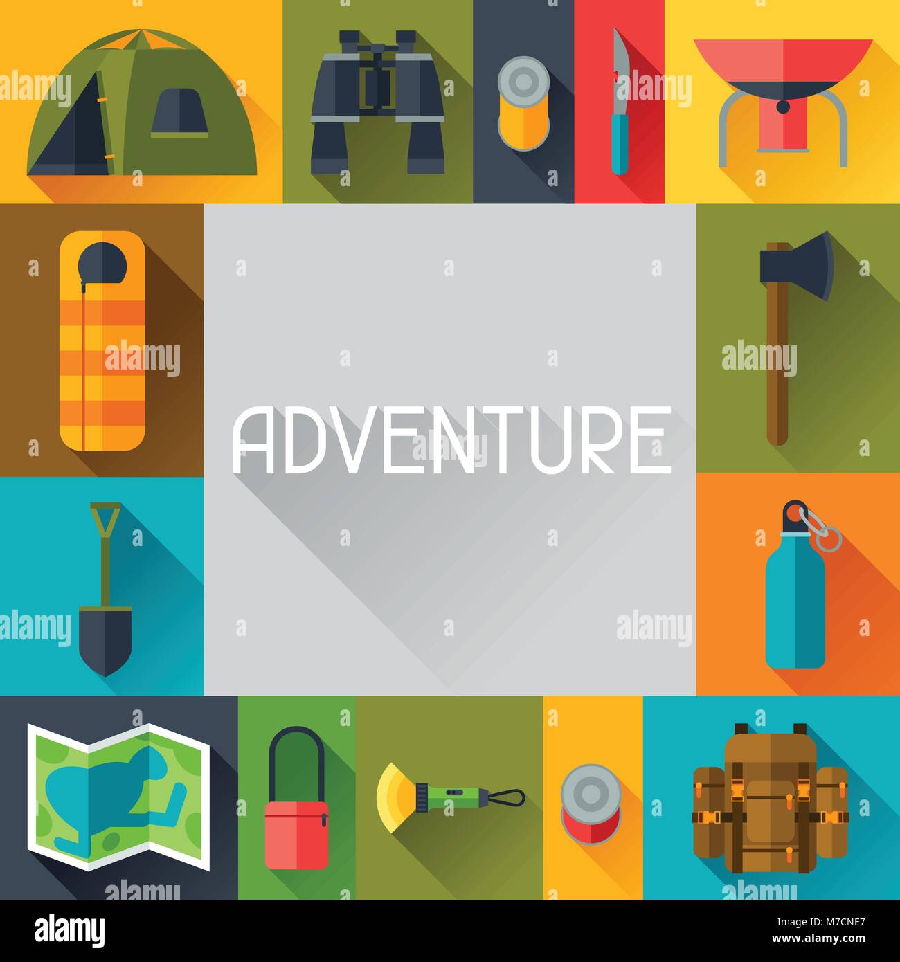 Contexte touristique avec l'équipement de camping dans le style plate Illustration de Vecteur