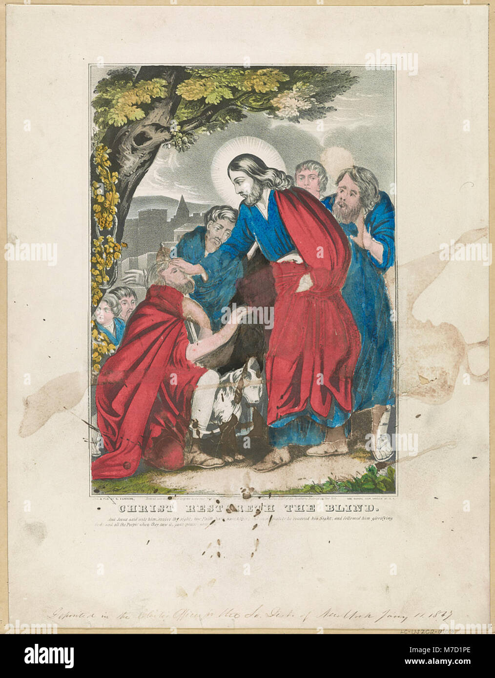 Une peinture religieuse historique représentant le Christ restituant la vue à un aveugle. L'image capture le moment biblique du Nouveau Testament, illustrant le thème de la guérison et de l'intervention divine. Banque D'Images