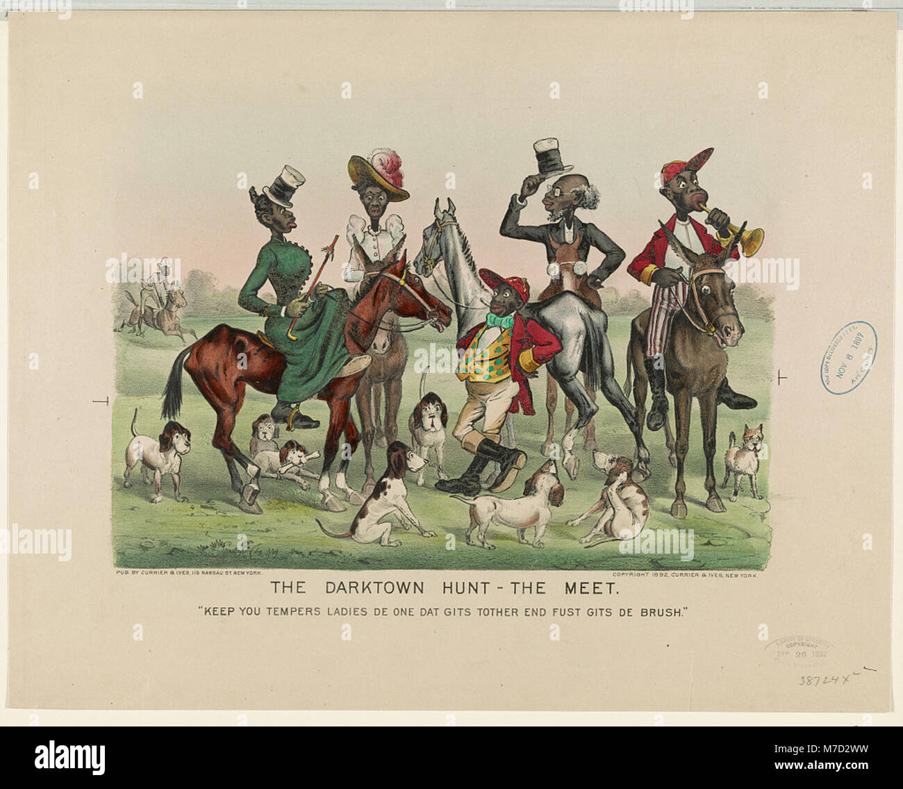 Une scène de « The Darktown Hunt » représentant un moment humoristique, avec la citation : « Keep you tempers Ladies de one dat gits tother end fust gits de brush ». Banque D'Images