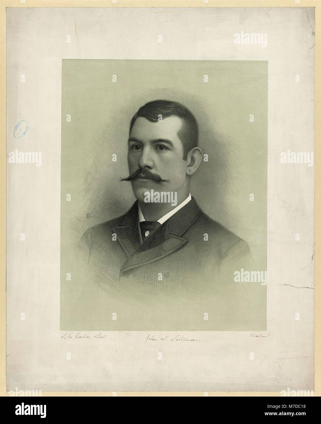 Une lithographie de John L. Sullivan, le célèbre boxeur, montrant ses prouesses athlétiques et son importance dans l'histoire du sport américain. Banque D'Images