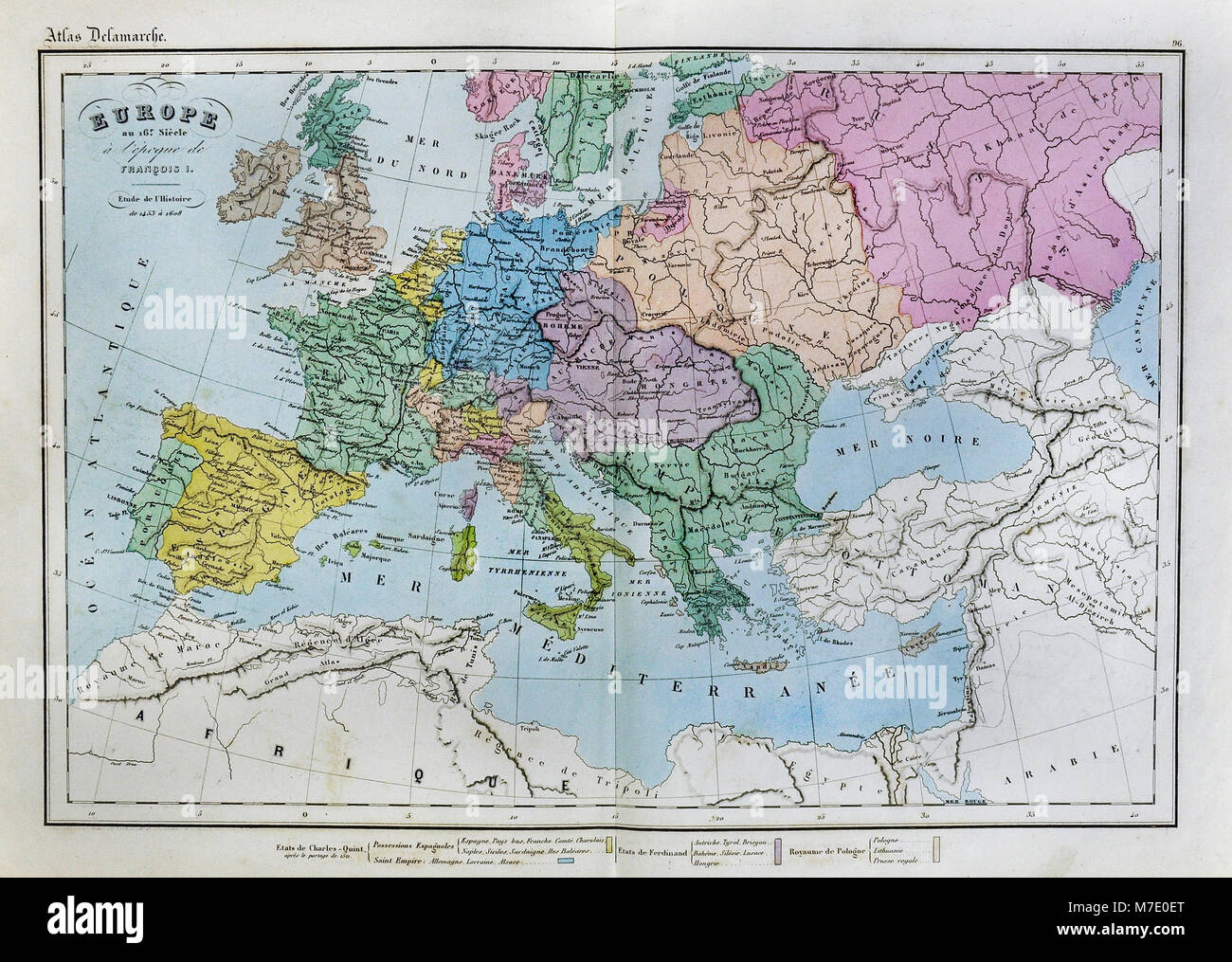 Delamarche 1858 Carte historique de l'Europe de la Renaissance au 16ème siècle sous François I Banque D'Images