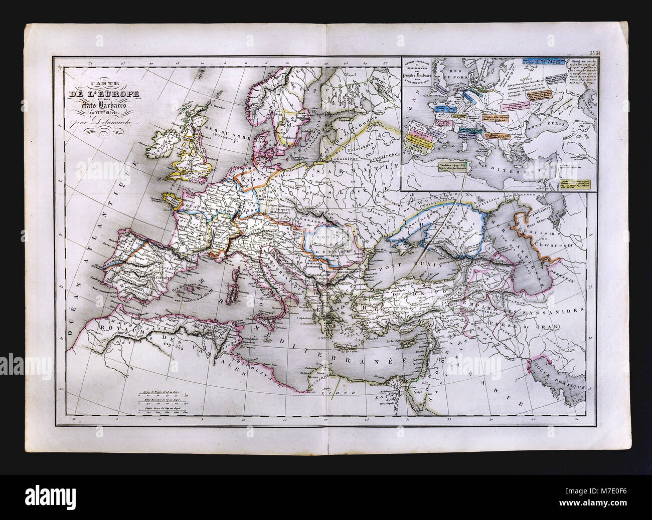 Delamarche 1858 Carte historique de l'Europe montrant les États barbares au 6ème siècle Banque D'Images