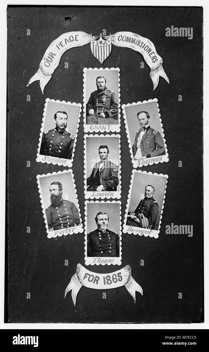 Une photographie historique représentant les commissaires de la paix de 1865, y compris des chefs militaires tels que Sheridan, Grant, Sherman, porter, Lincoln, Farragut, et Thomas, impliqués dans les négociations à la fin de la guerre de Sécession. Banque D'Images
