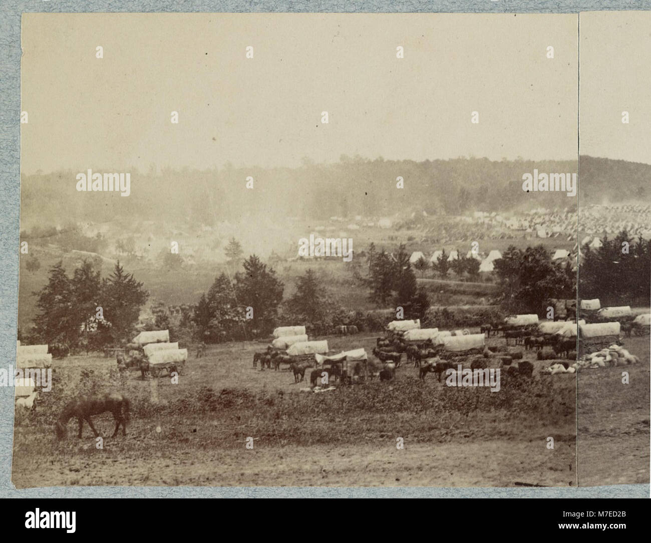 Une vue panoramique du campement de l'armée du Potomac à Cumberland Landing sur la rivière Pamunkey, en Virginie, prise en mai 1862, montrant la configuration et l'organisation de l'armée de l'Union pendant la guerre de Sécession. Banque D'Images