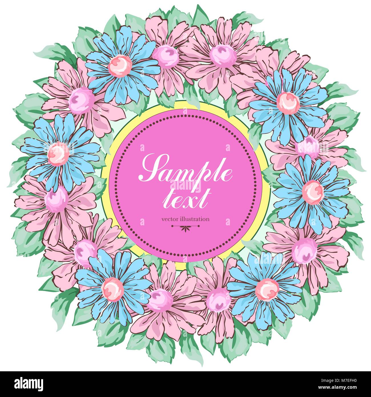 Guirlande de fleurs de camomille, vecteur de fond floral, rond, forme de fleur, de frontière. Appelée rose et bleu bourgeons fleurs de camomille et de feuilles dessin à la main Illustration de Vecteur