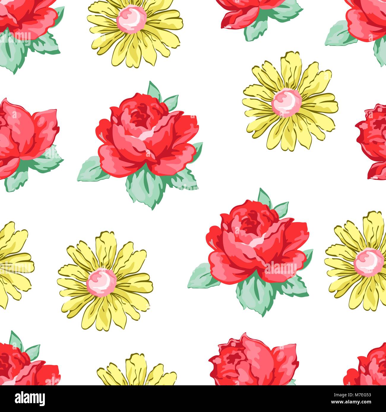 Dessin à la main fleur modèle transparente, vector floral background, broderie florale en ornement. Les bourgeons de fleurs rose rouge tiré et camomille Jaune sur blanc b Illustration de Vecteur