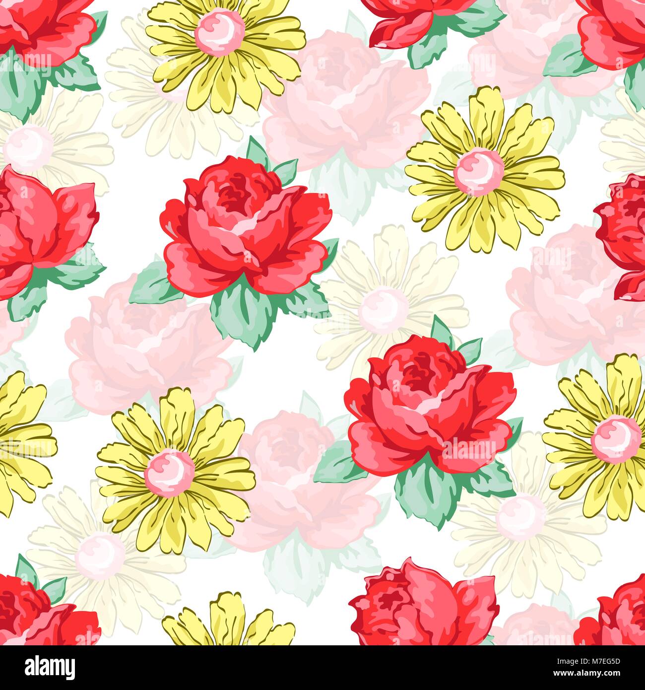 Dessin à la main fleur modèle transparente, vector floral background, broderie florale en ornement. Les bourgeons de fleurs rose rouge tiré et camomille jaune sur fond blanc. Pour les dessins de tissu, papiers peints, décoration Illustration de Vecteur