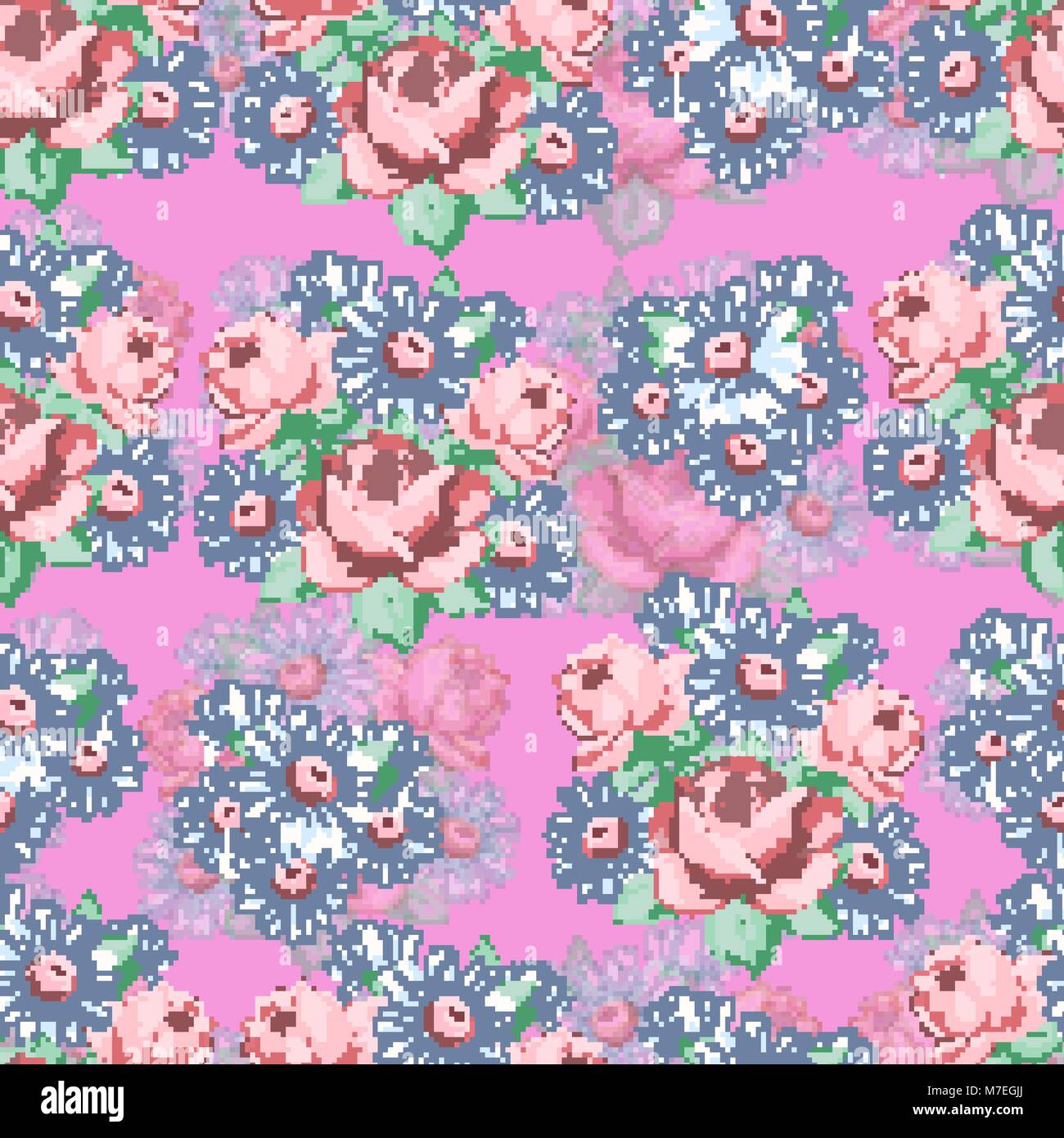 Rose fleur de camomille et dessin à la main, motif floral seamless vector background, broderie florale en ornement. Bourgeons à fleurs rose rose dessiné et blanc sur fond rose camomille. Pour les dessins de tissu Illustration de Vecteur