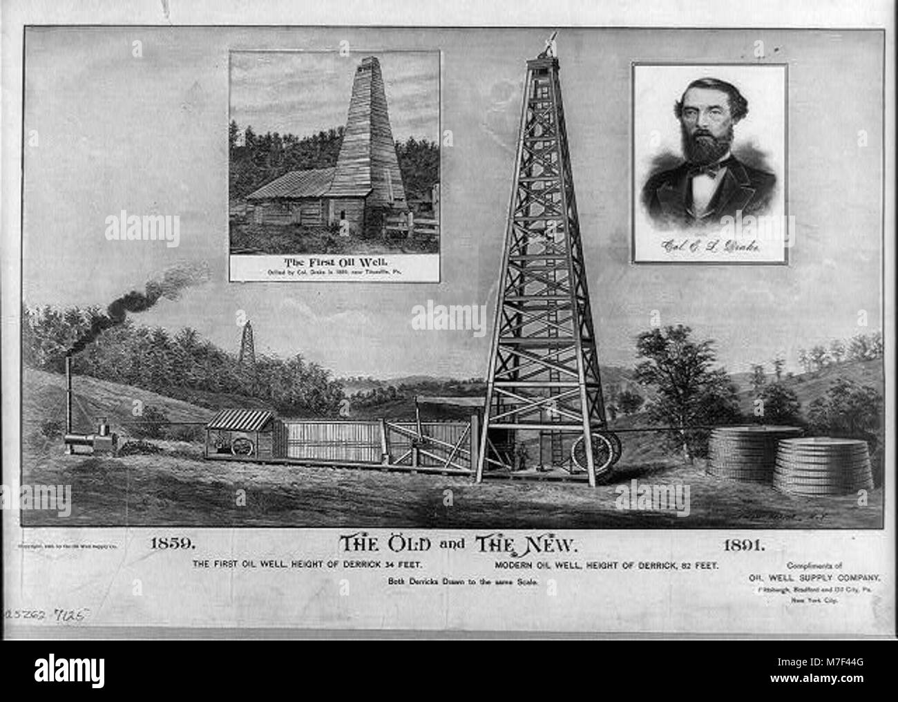 L'ancien et le nouveau., le premier puits de pétrole..., de l'huile moderne bien RCAC2003681704 Banque D'Images