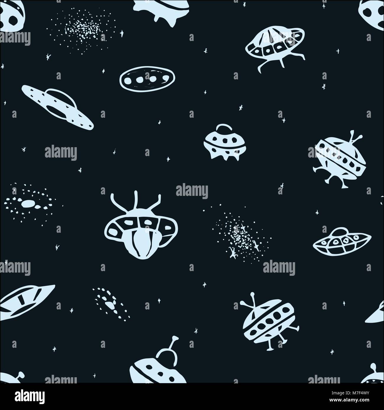 Vector seamless background d'OVNI dessiné à la main. Doodle UFO soucoupe volante et Galaxie. Schéma de l'univers Illustration de Vecteur