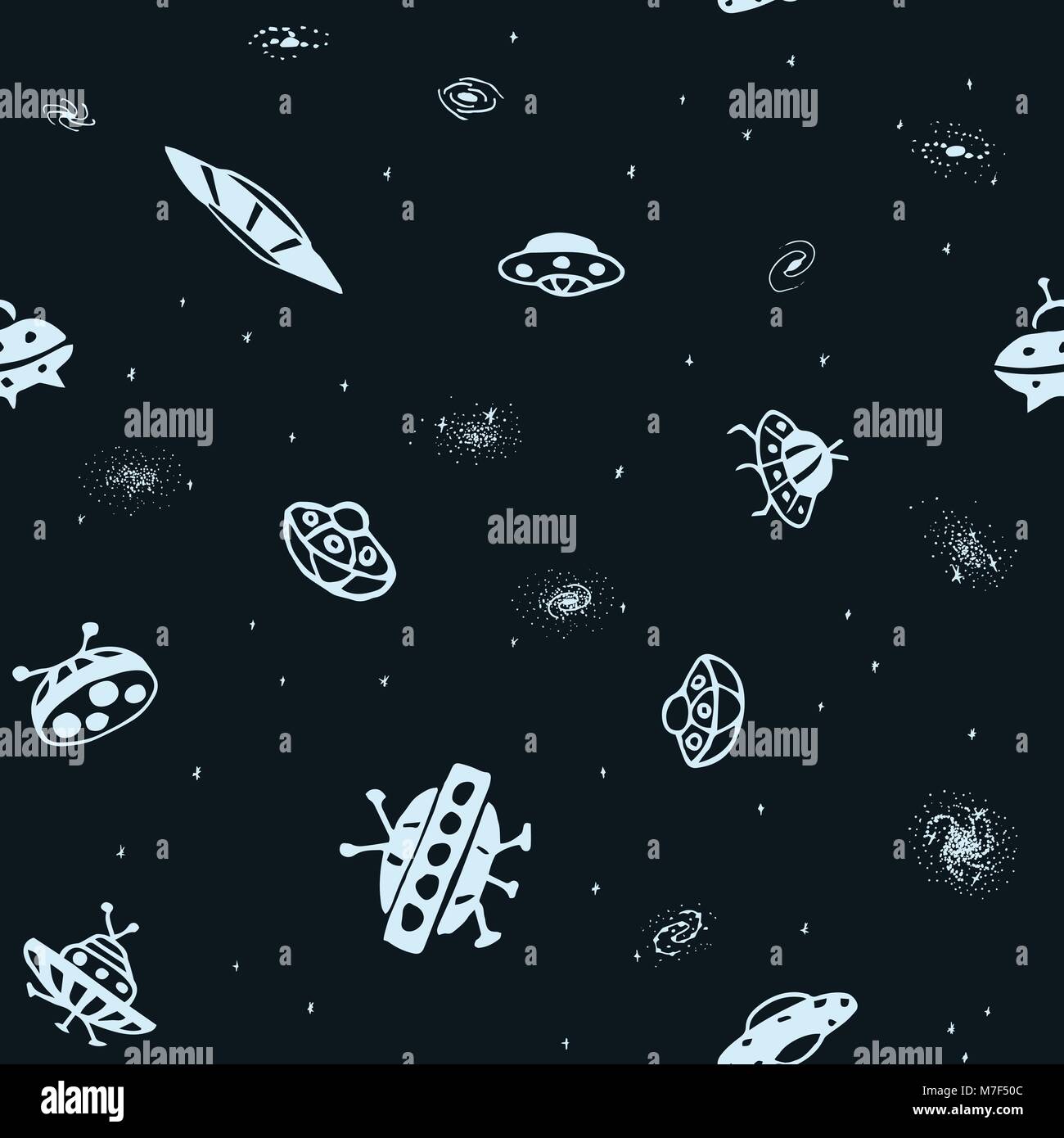 Vector seamless background d'OVNI dessiné à la main. Doodle UFO soucoupe volante et Galaxie. Schéma de l'univers Illustration de Vecteur