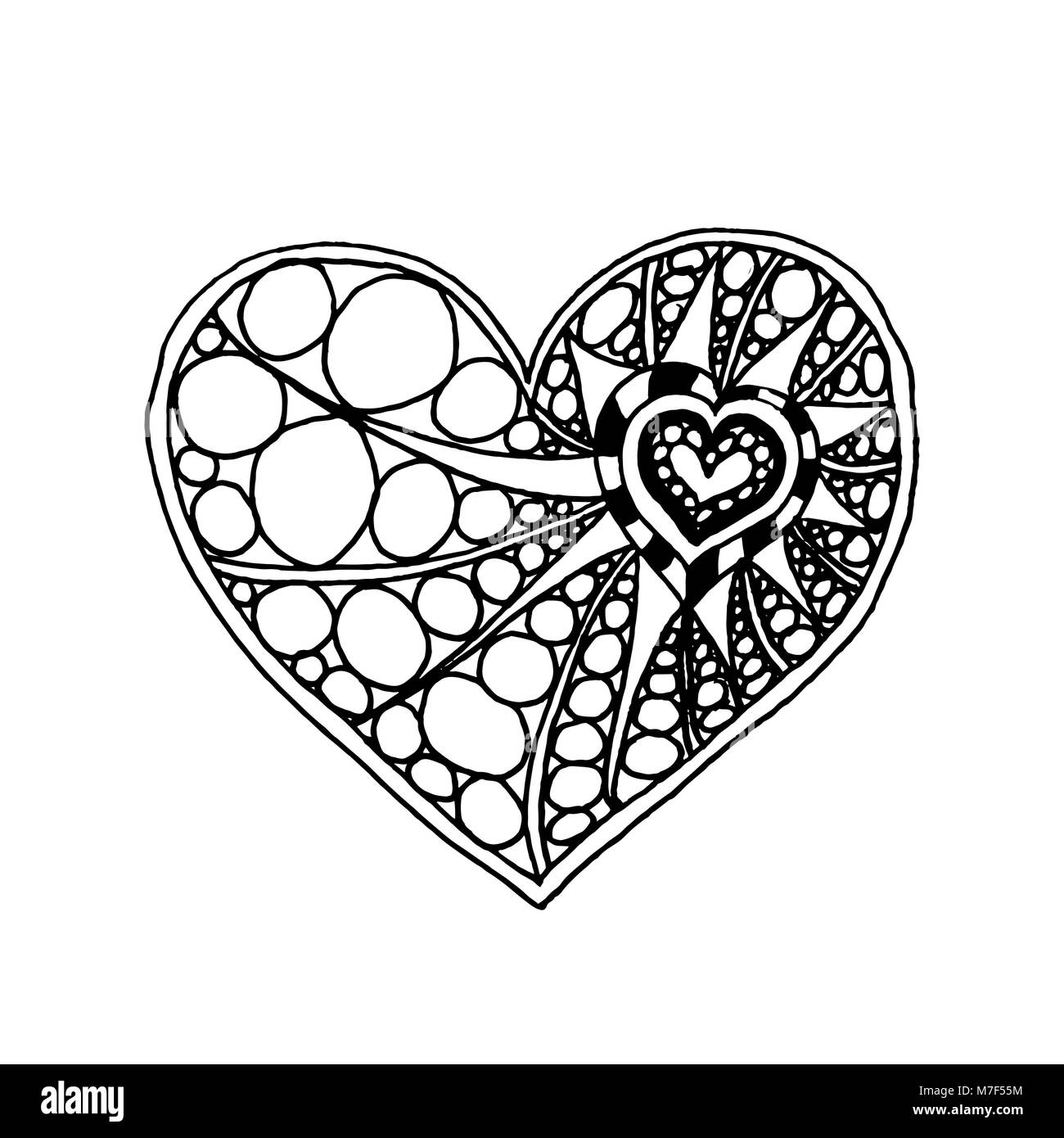 Vector illustration de doodle hand drawn coeur. Livre à colorier pour la Saint-Valentin. Carte en noir et blanc de Saint Valentines Day. Symbole de l'amour Illustration de Vecteur