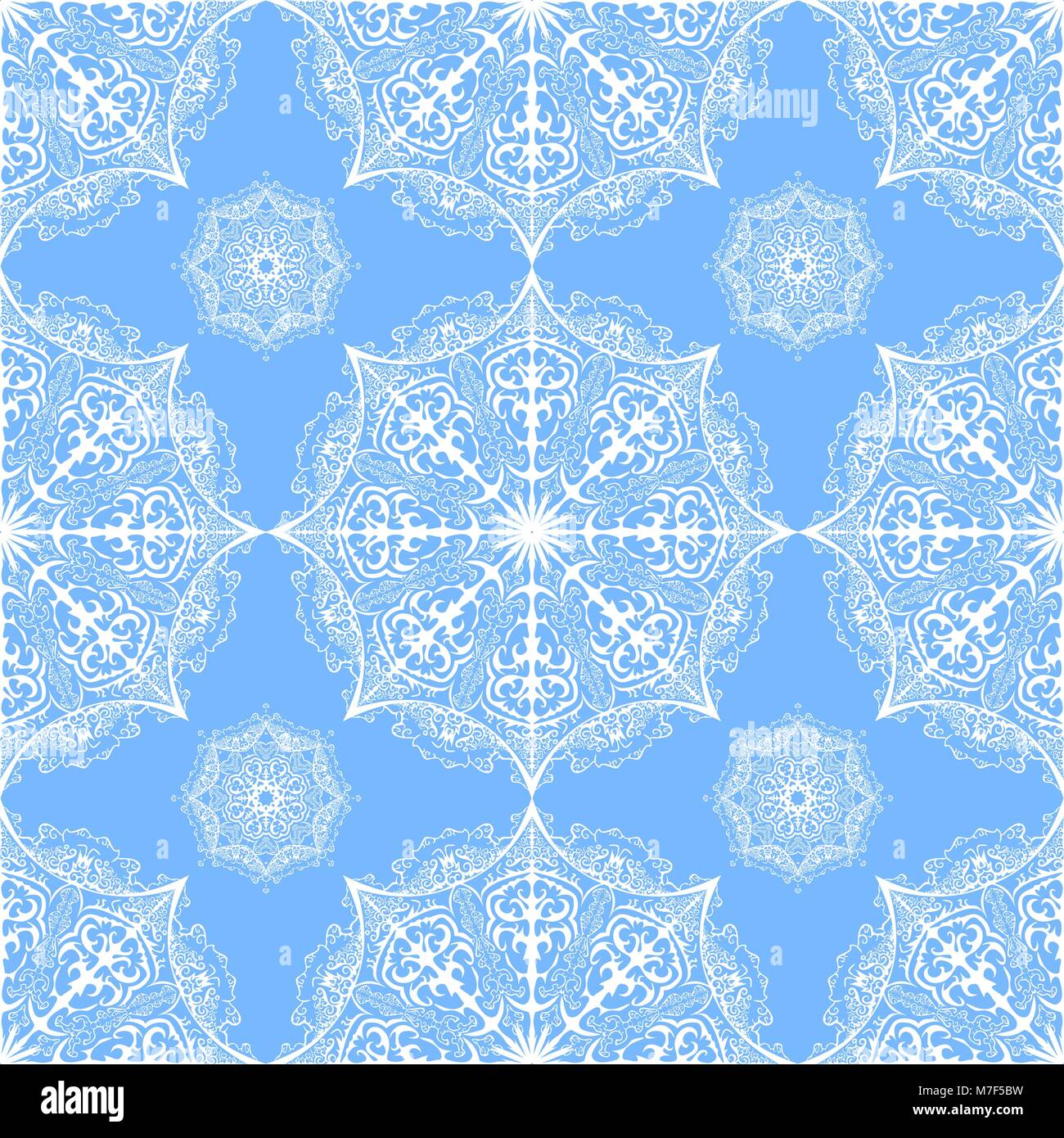 Modèle de vecteur seamless white snowflakes. Mandala ornés sur fond bleu Illustration de Vecteur