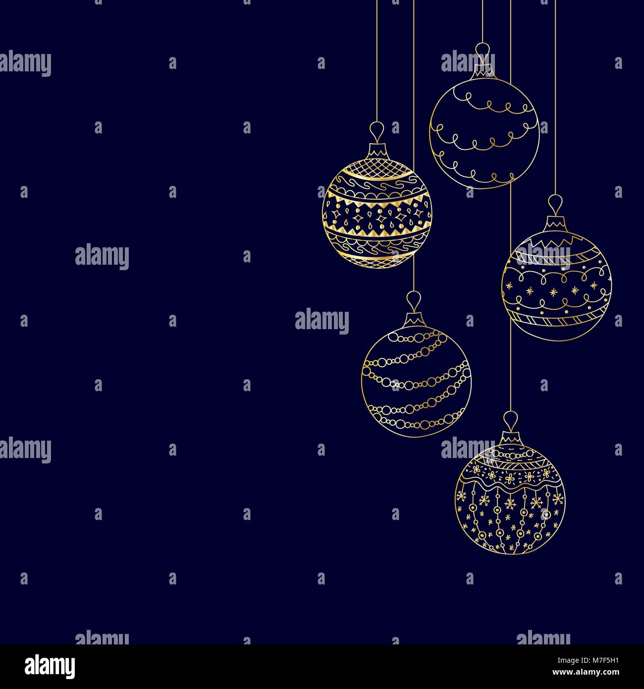 Carte d'invitation de Noël vecteur cinq gold Christmas ball jouets sur fond bleu foncé. Dessin à la main Christmas Tree ball jouets Illustration de Vecteur