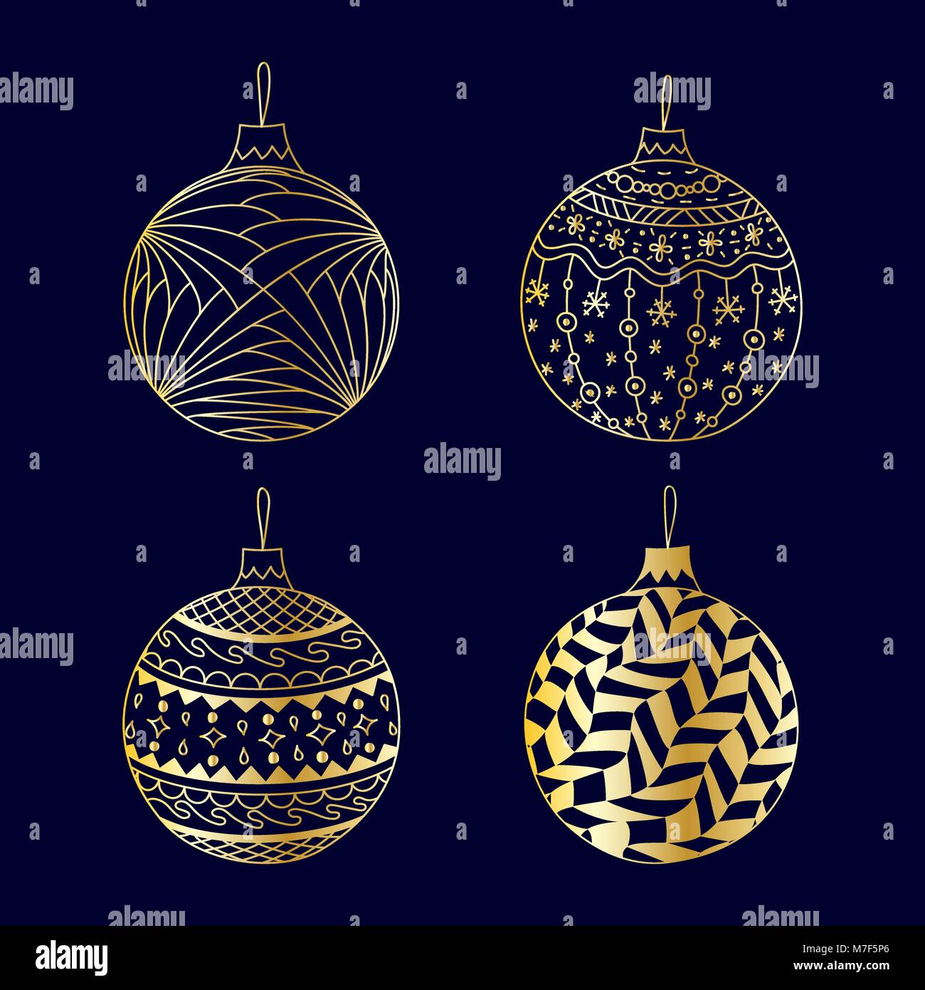 Vector hand drawn Christmas ball toy set. Golden Christmas ball jouet sur fond bleu foncé Illustration de Vecteur