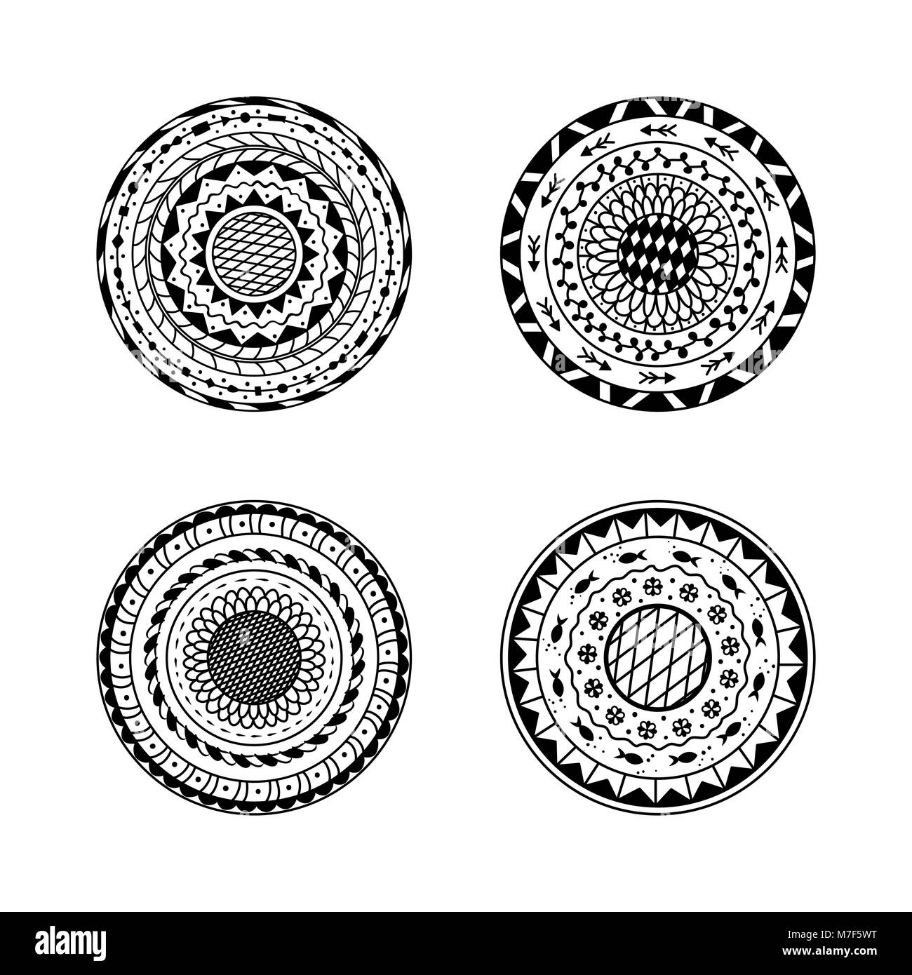 Ensemble de quatre vecteurs mandalas. Décoration ornement ethniques ronde. Livre à colorier pour les adultes Illustration de Vecteur